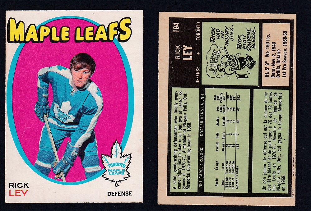 1971-72 O-PEE-CHEE HOCKEY CARD #194 R. LEY photo