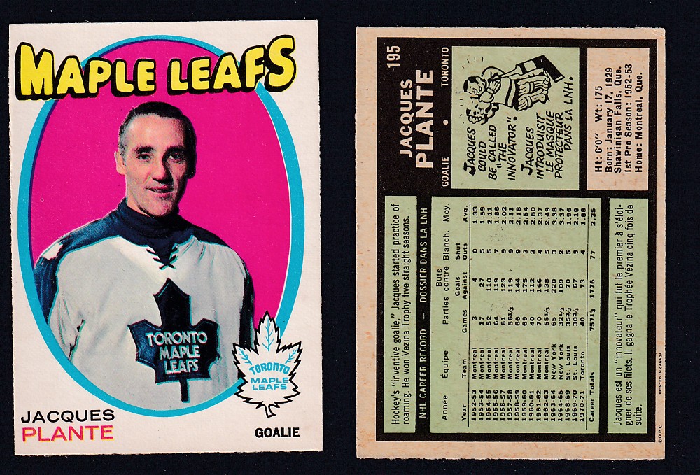 1971-72 O-PEE-CHEE HOCKEY CARD #195 J. PLANTE photo