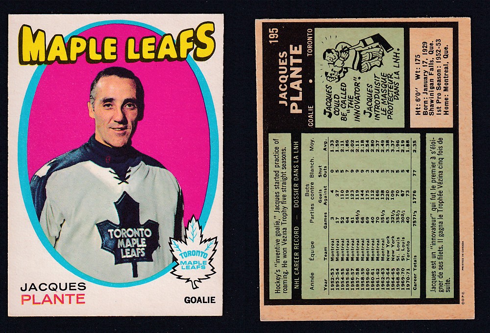 1971-72 O-PEE-CHEE HOCKEY CARD #195 J. PLANTE photo