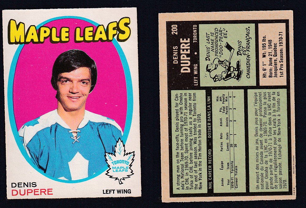 1971-72 O-PEE-CHEE HOCKEY CARD #200 D. DUPERE photo