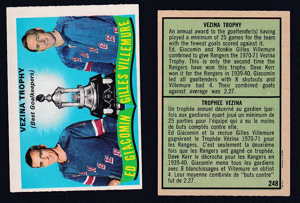 1971-72 O-PEE-CHEE HOCKEY CARD #248 VEZINA TROPHY AWARD: E. GIACOMIN/G. VILLEMURE photo