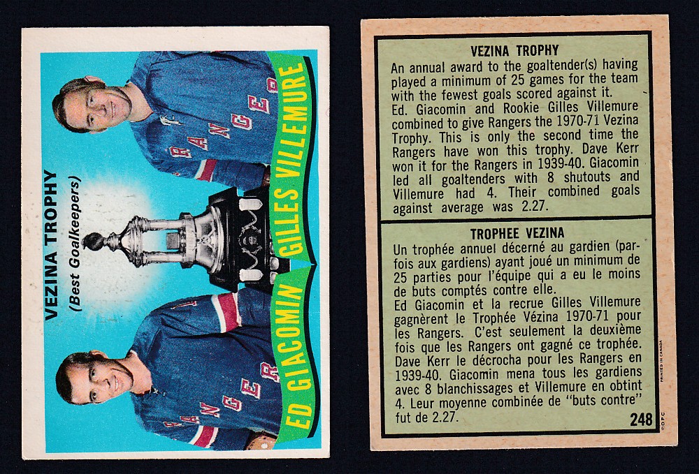 1971-72 O-PEE-CHEE HOCKEY CARD #248 VEZINA TROPHY AWARD: E. GIACOMIN/G. VILLEMURE photo