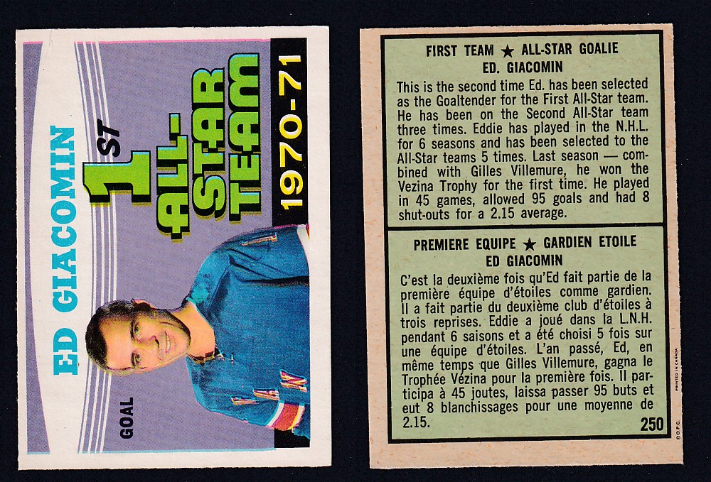 1971-72 O-PEE-CHEE HOCKEY CARD #250 FIRST TEAM ALL STAR: E. GIACOMIN photo