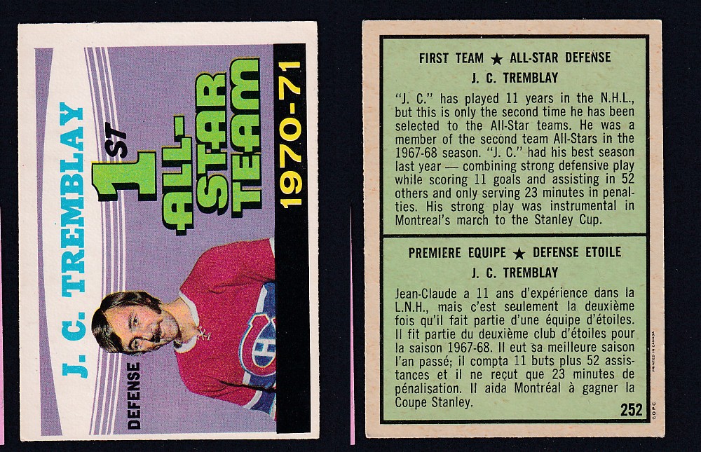 1971-72 O-PEE-CHEE HOCKEY CARD #252 FIRST TEAM ALL STAR: J.C. TREMBLAY photo