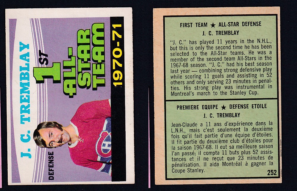 1971-72 O-PEE-CHEE HOCKEY CARD #252 FIRST TEAM ALL STAR: J.C. TREMBLAY photo