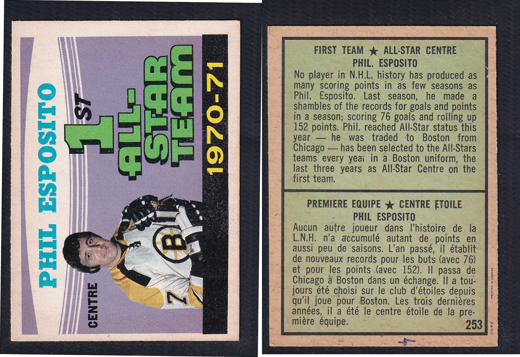 1971-72 O-PEE-CHEE HOCKEY CARD #253 FIRST TEAM ALL STAR: PHIL ESPOSITO photo