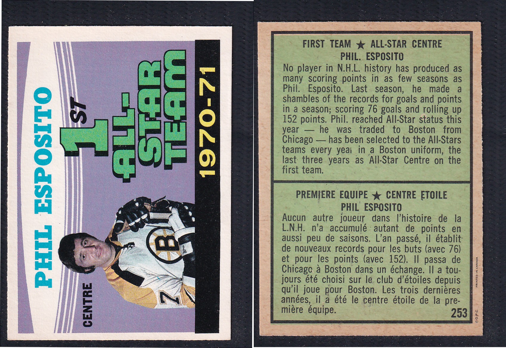 1971-72 O-PEE-CHEE HOCKEY CARD #253 FIRST TEAM ALL STAR: PHIL ESPOSITO photo