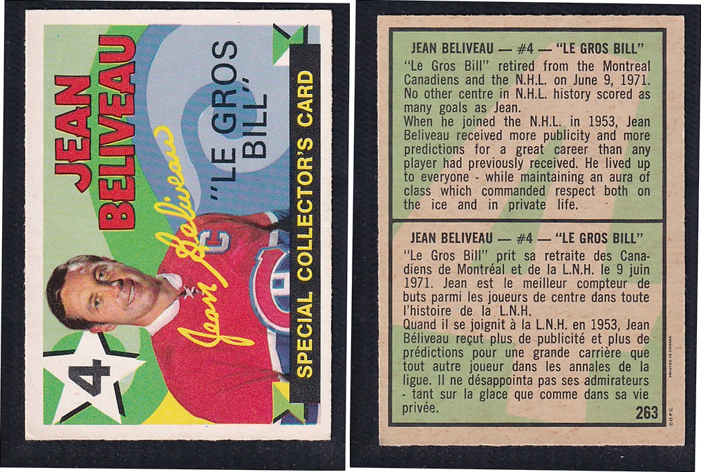 1971-72 O-PEE-CHEE HOCKEY CARD #263 JEAN BELIVEAU 