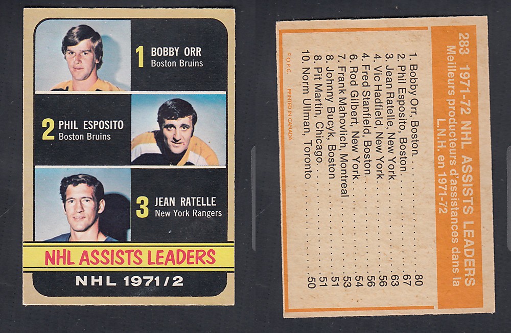 1972-73 O-PEE-CHEE HOCKEY CARD #283 NHL ASSISTS LEADERS photo