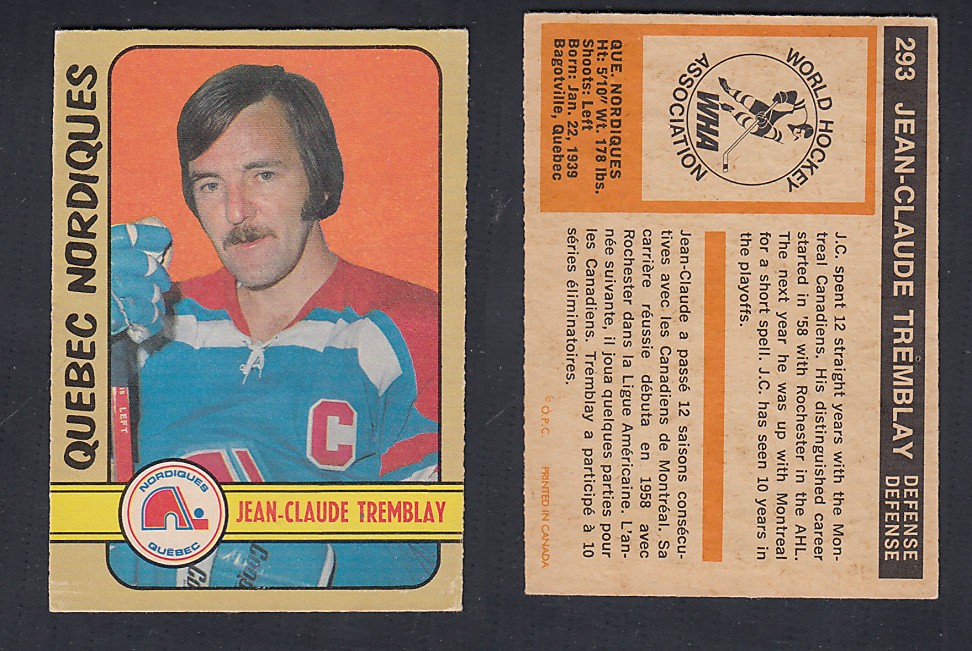 1972-73 O-PEE-CHEE HOCKEY CARD #293 J.C. TREMBLAY photo