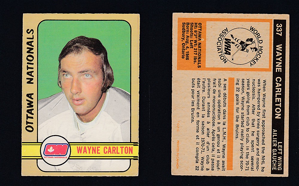 1972-73 O-PEE-CHEE HOCKEY CARD #337 W. CARLETON photo