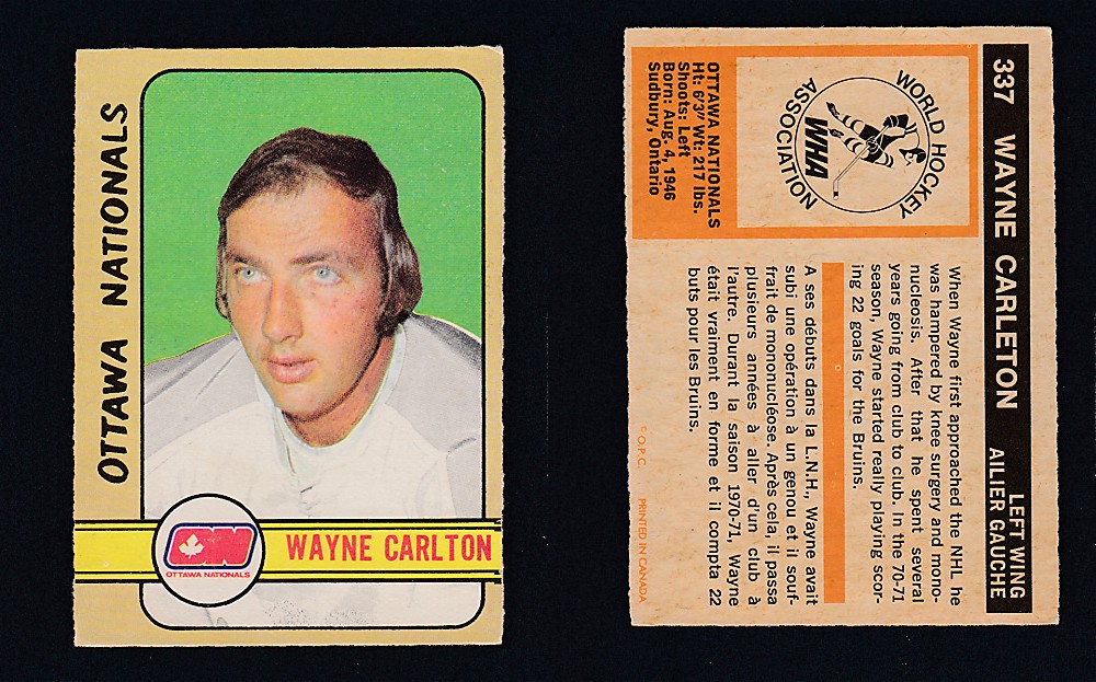 1972-73 O-PEE-CHEE HOCKEY CARD #337 W. CARLETON photo