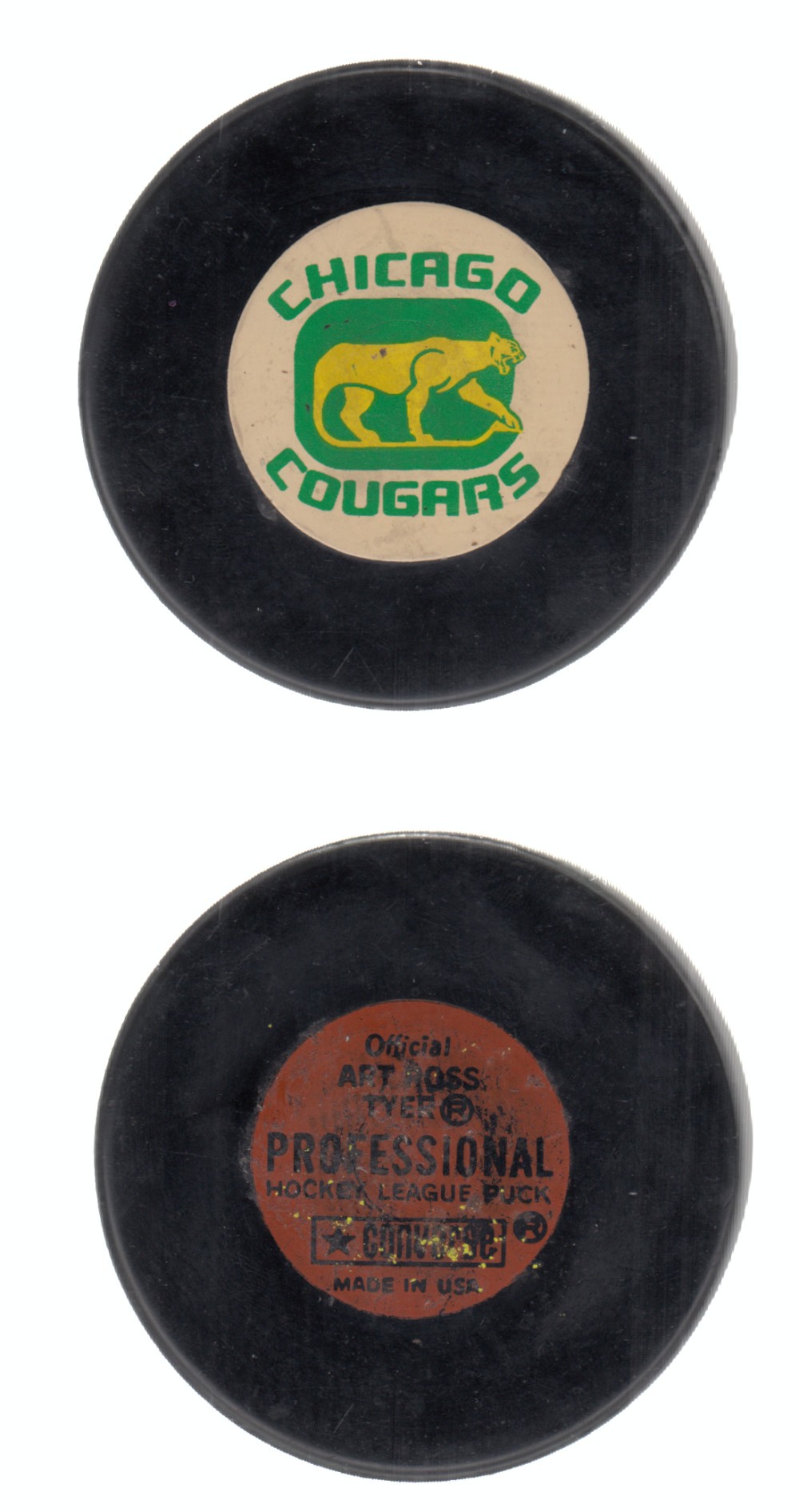 1974-75 WHA ART ROSS CHICAGO COUGARS GAME PUCK photo