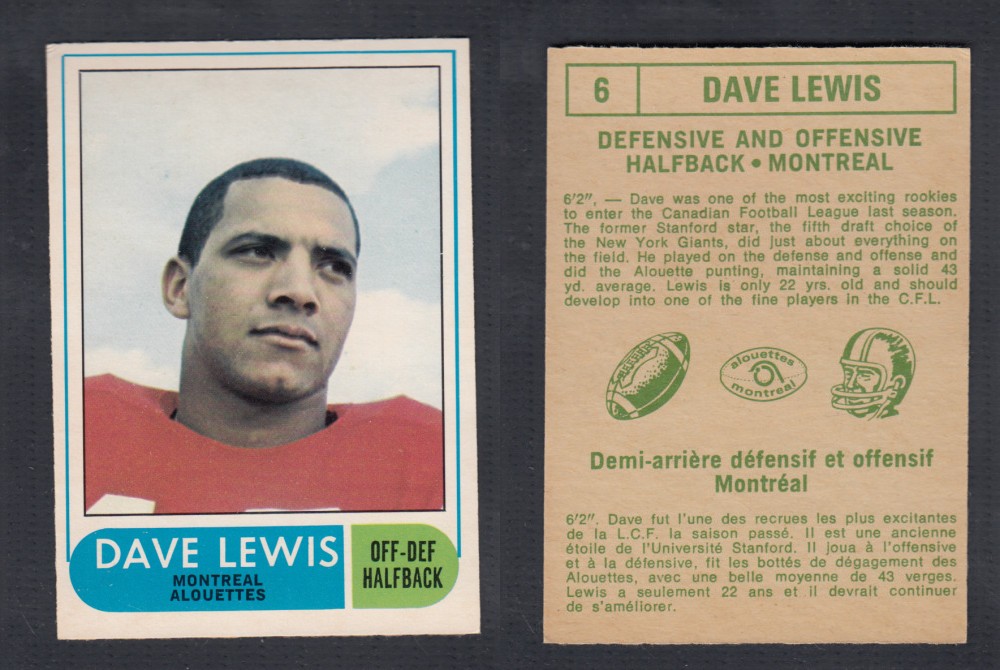 1968 CFL O-PEE-CHEE FOOTBALL CARD #6 D. LEWIS photo