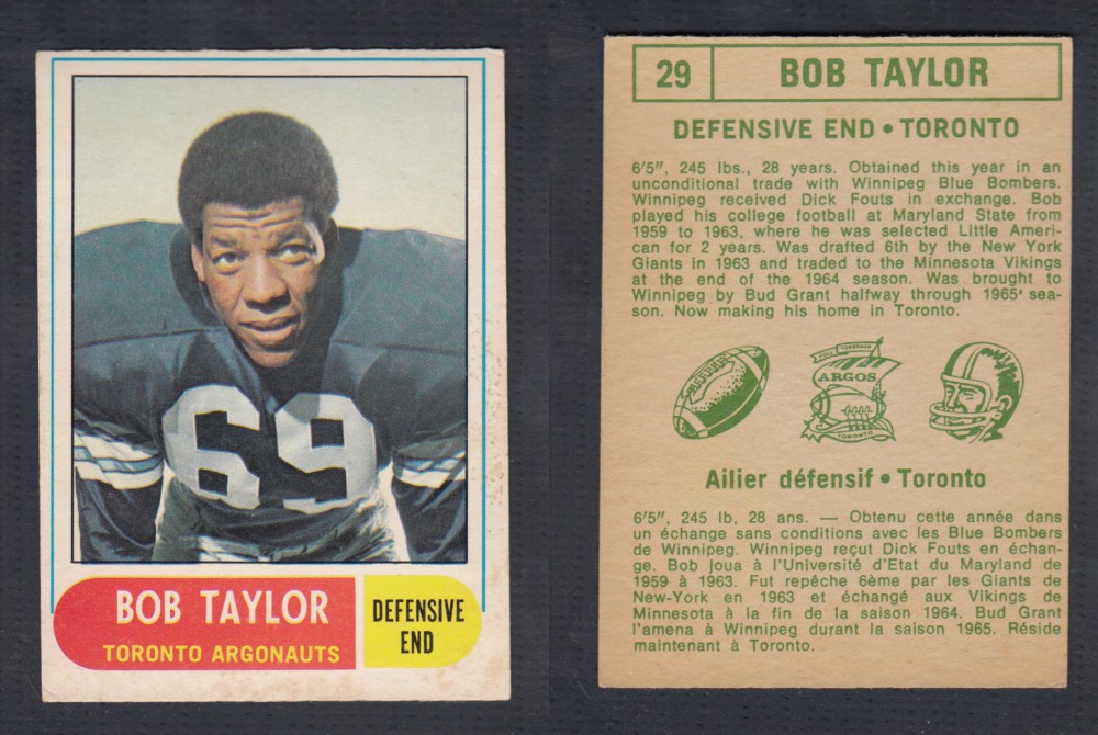 1968 CFL O-PEE-CHEE FOOTBALL CARD #29 B. TAYLOR photo