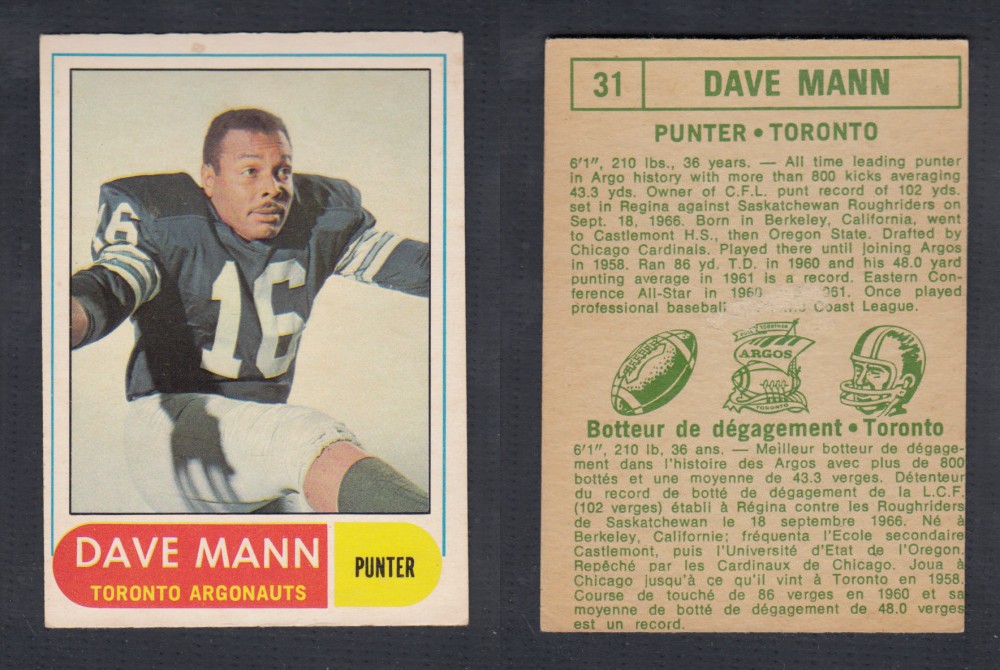 1968 CFL O-PEE-CHEE FOOTBALL CARD #31 D. MANN photo
