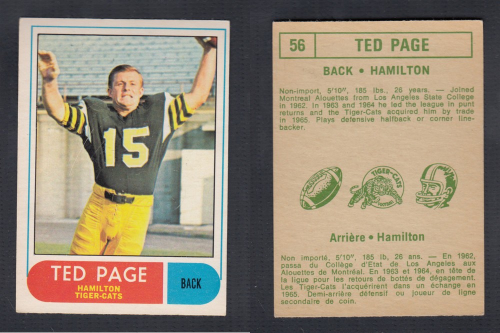 1968 CFL O-PEE-CHEE FOOTBALL CARD #56 T. PAGE photo