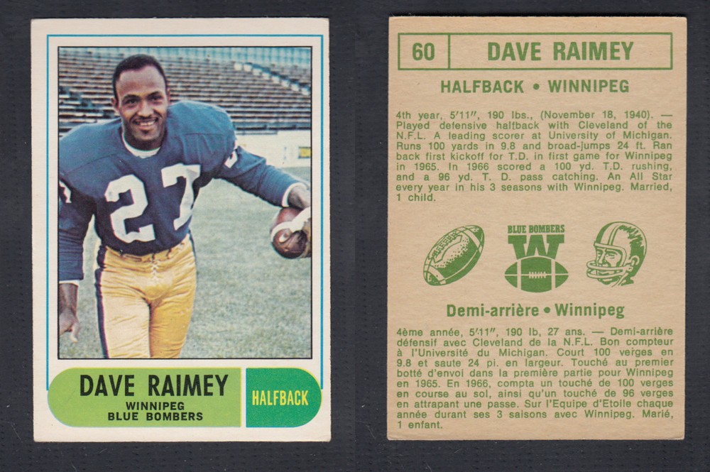 1968 CFL O-PEE-CHEE FOOTBALL CARD #60 D. RAIMEY photo