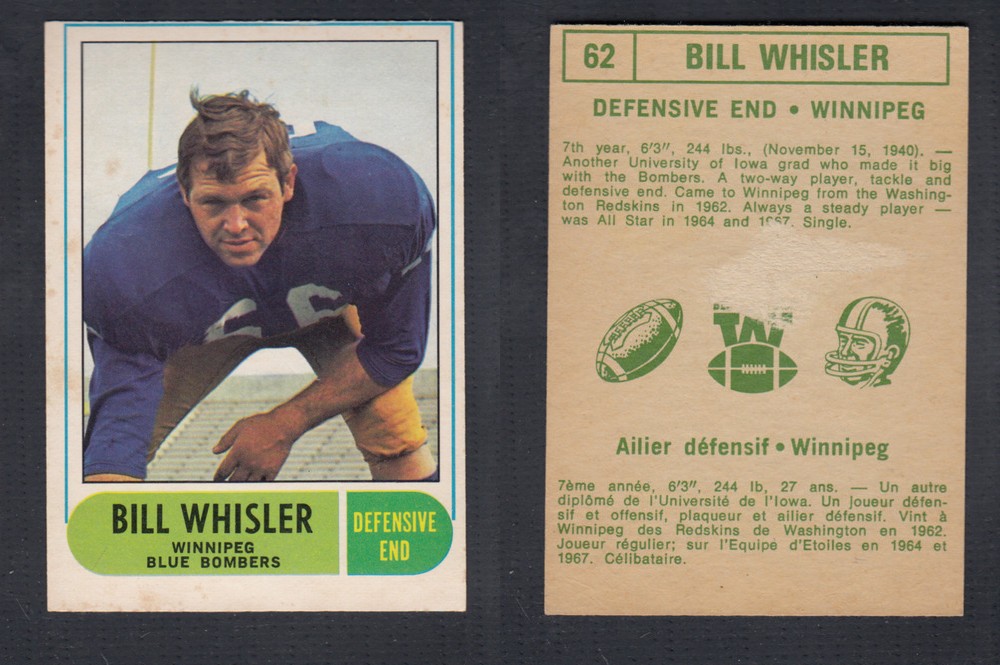 1968 CFL O-PEE-CHEE FOOTBALL CARD #62 B. WHISLER photo