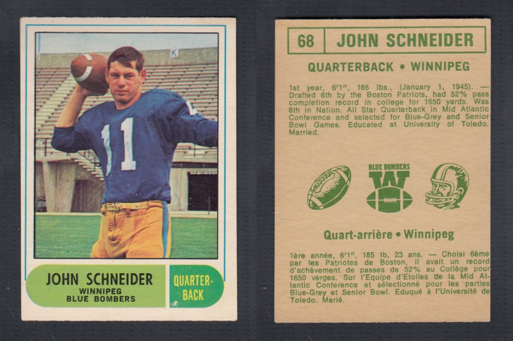 1968 CFL O-PEE-CHEE FOOTBALL CARD #68 J. SCHNEIDER photo