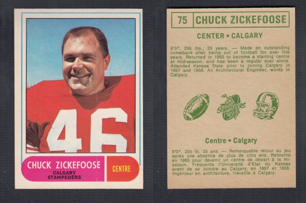 1968 CFL O-PEE-CHEE FOOTBALL CARD #75 C. ZICKEFOOSE photo