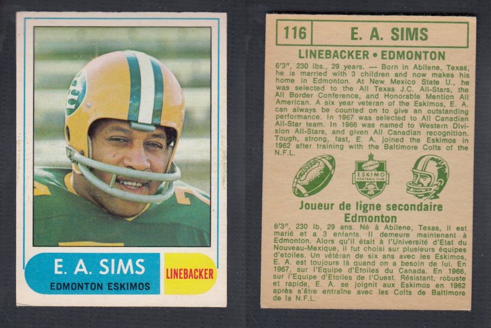 1968 CFL O-PEE-CHEE FOOTBALL CARD #116 E. SIMS photo