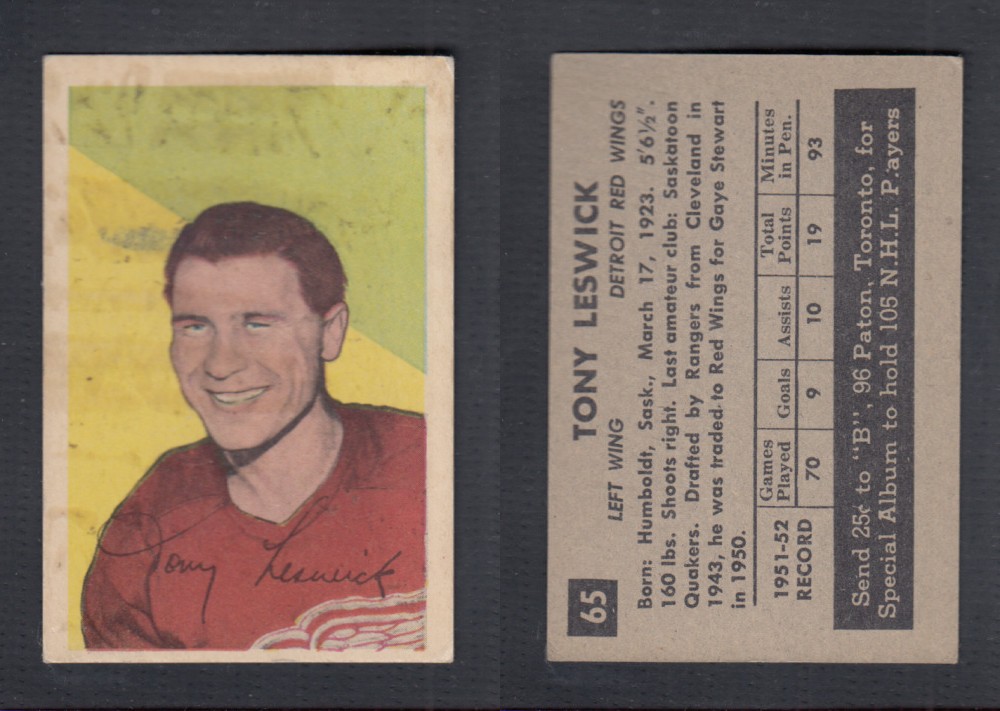 1952-53 PARKHURST HOCKEY CARD #65 T. LESWICK photo