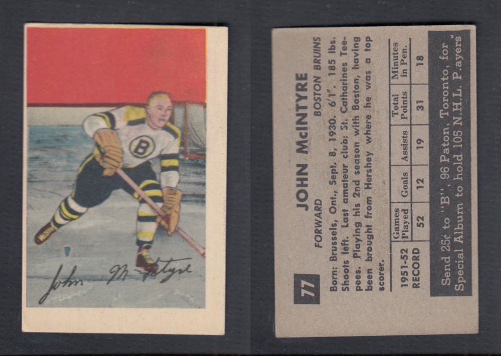 1952-53 PARKHURST HOCKEY CARD #77 J. MCINTYRE photo