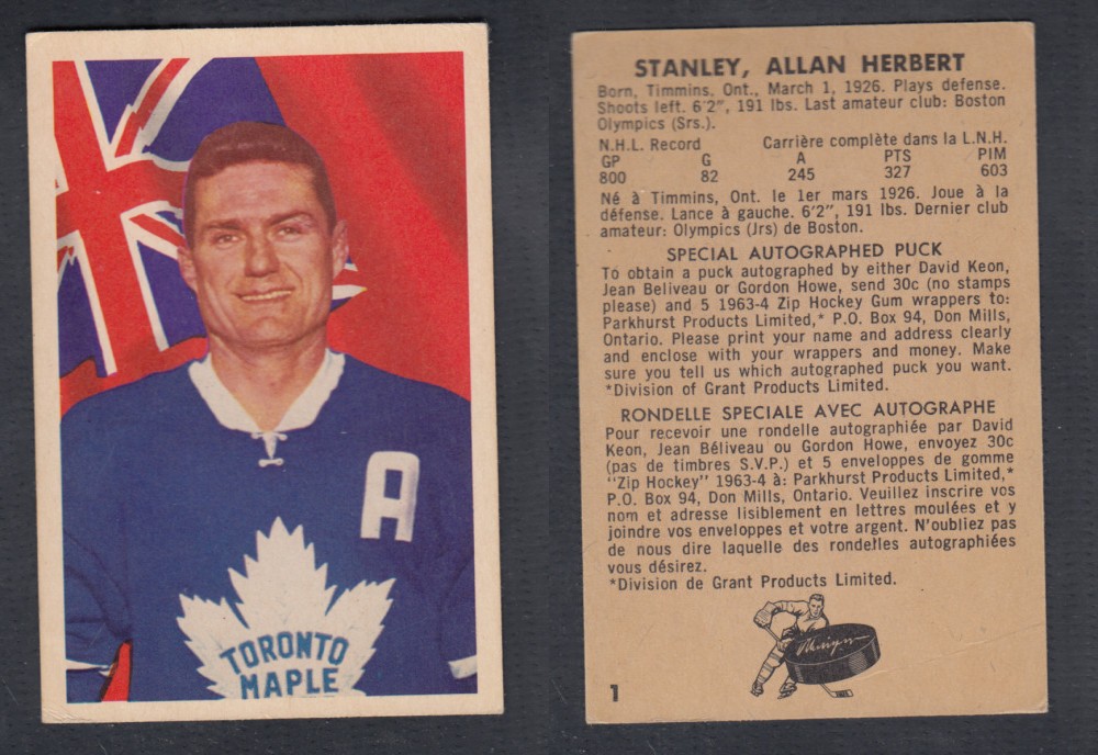 1963-64 PARKHURST HOCKEY CARD #1 A. STANLEY photo