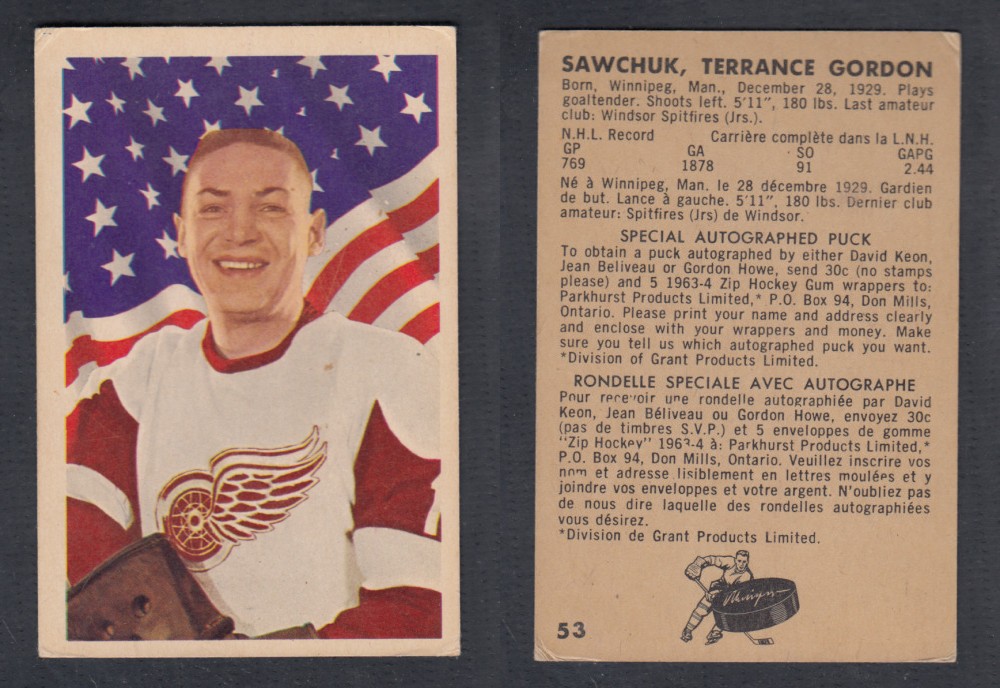 1963-64 PARKHURST HOCKEY CARD #53 T. SAWCHUK photo