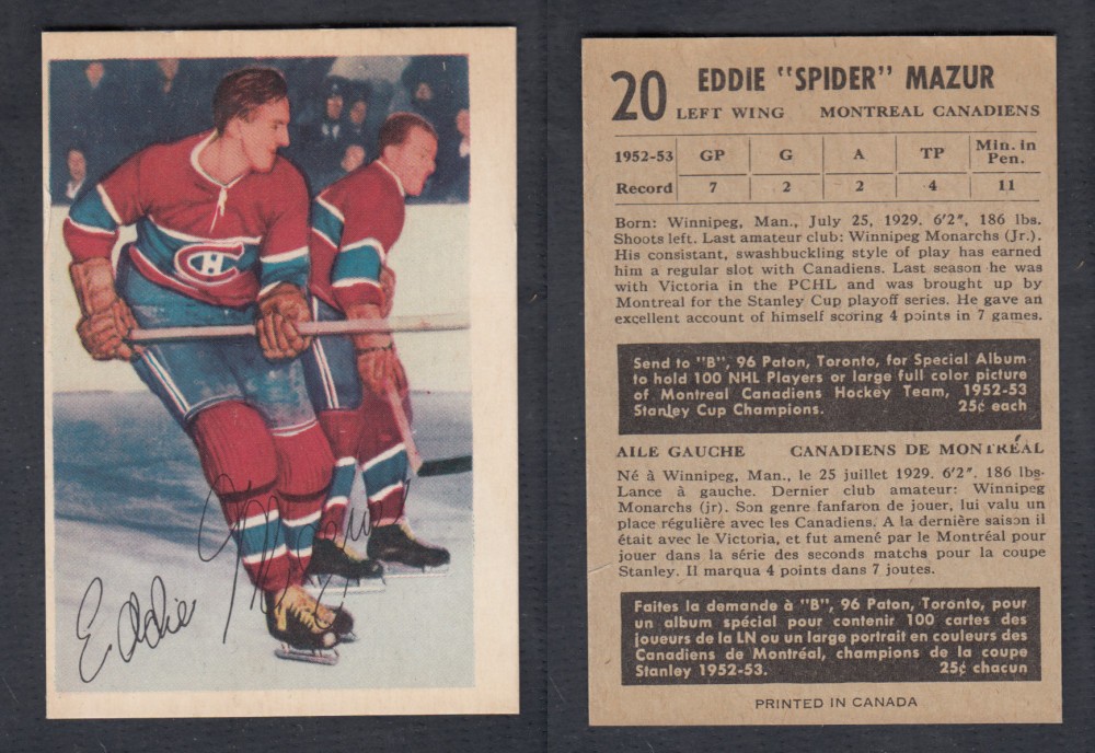 1953-54 PARKHURST HOCKEY CARD #20 E. MAZUR photo