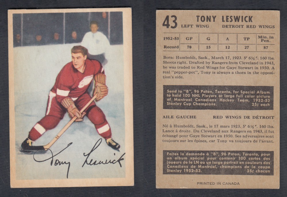 1953-54 PARKHURST HOCKEY CARD #43 T. LESWICK photo