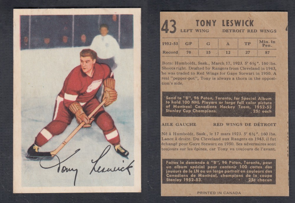 1953-54 PARKHURST HOCKEY CARD #43 T. LESWICK photo