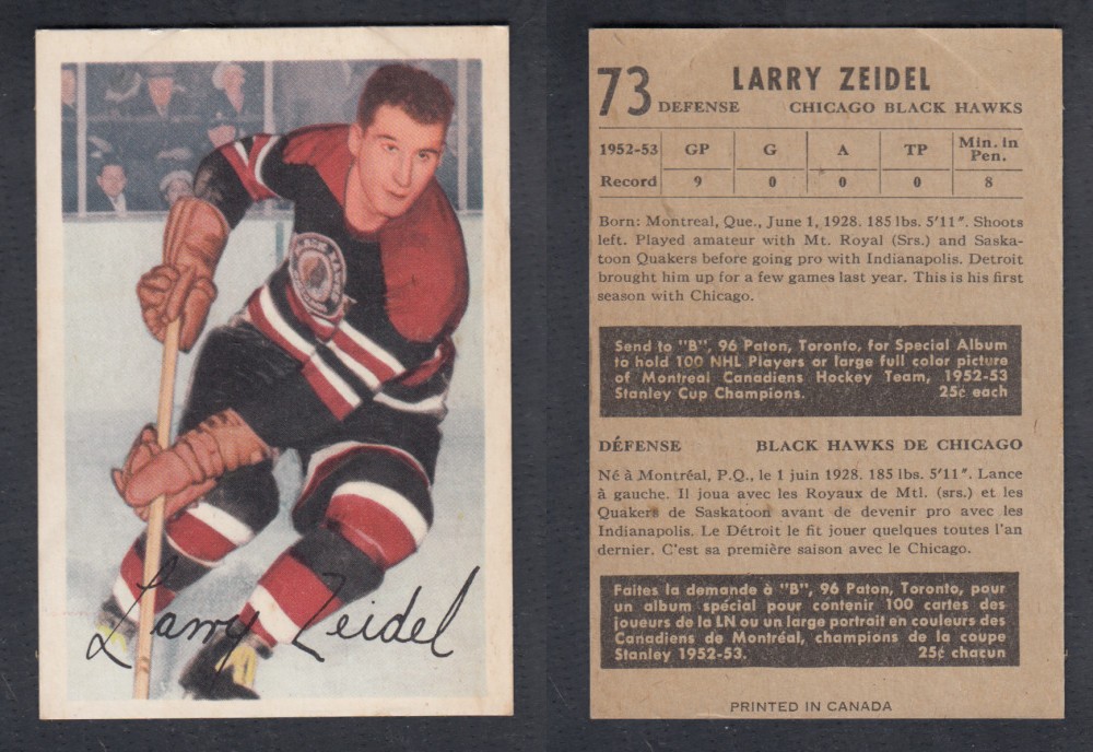 1953-54 PARKHURST HOCKEY CARD #73 L. ZEIDEL photo