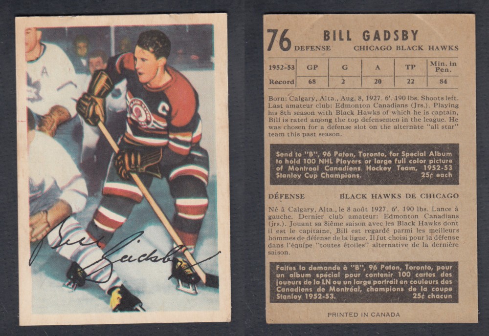 1953-54 PARKHURST HOCKEY CARD #76 B. GADSBY photo