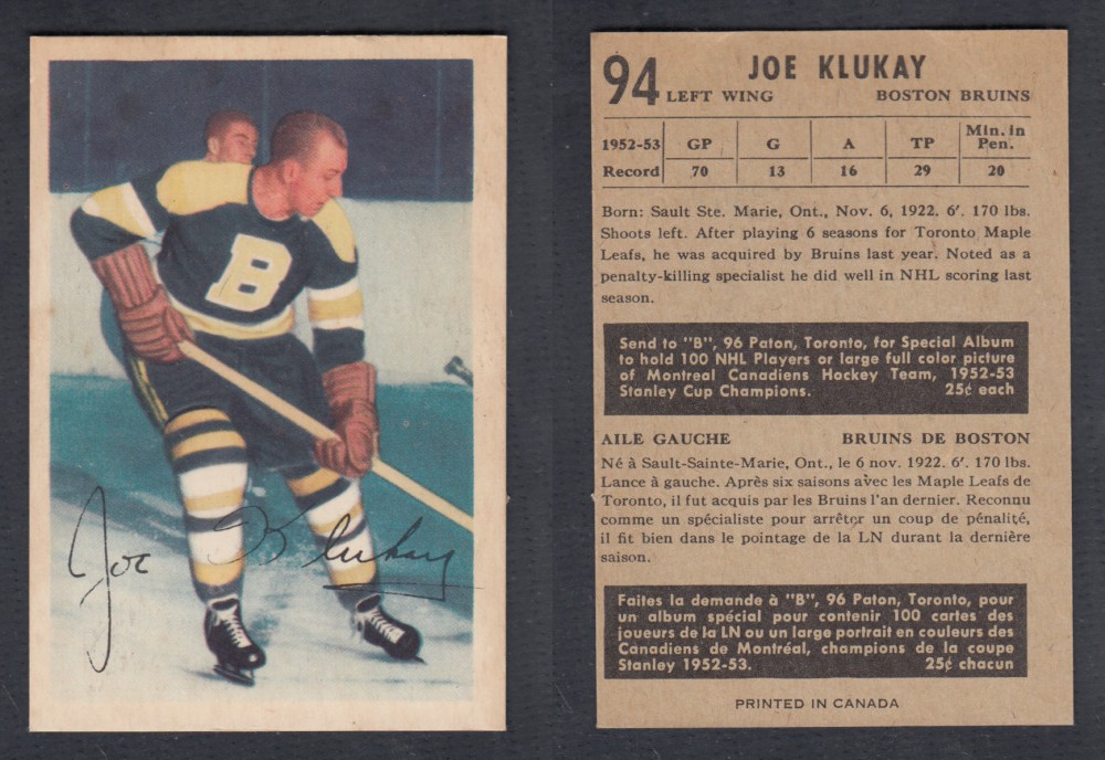 1953-54 PARKHURST HOCKEY CARD #94 J. KLUKAY photo