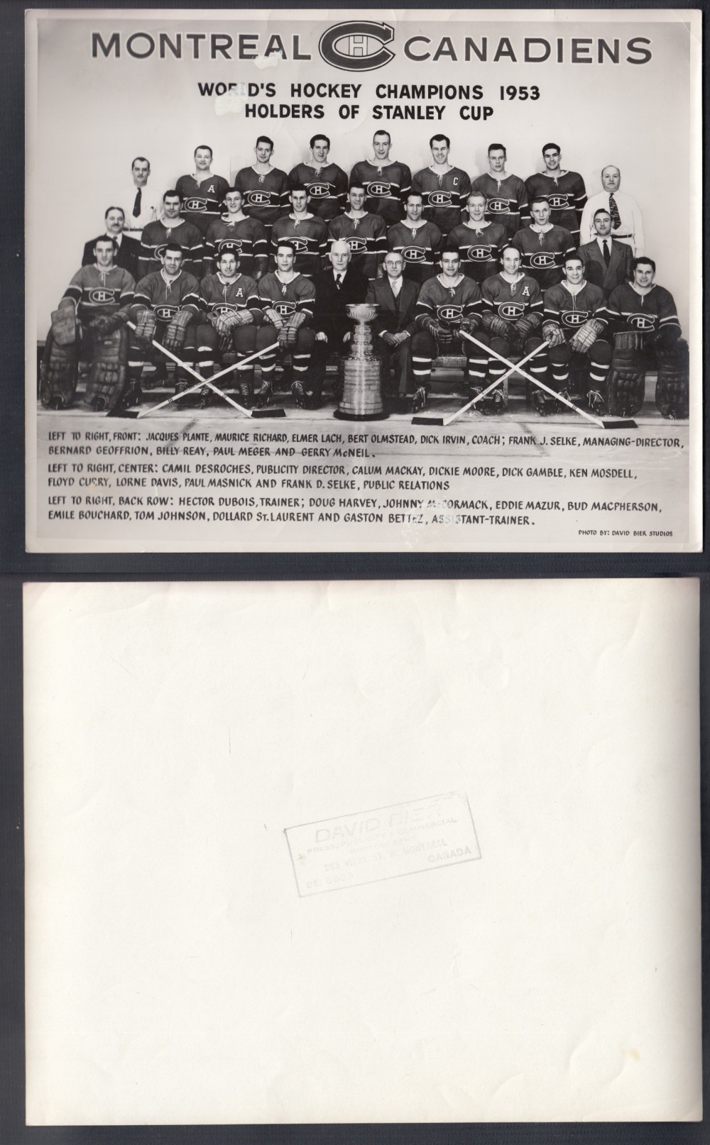 1953 D. BIER MONTREAL CANADIENS STANLEY CUP TEAM PHOTO photo