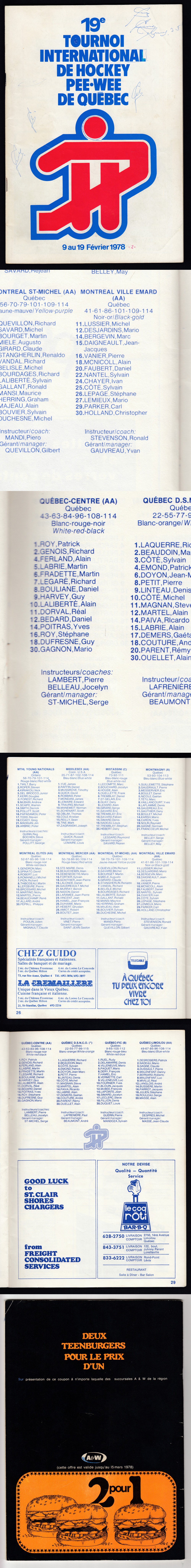 1978 QUEBEC PEE WEE INTERNATIONAL CHAMPIONSHIP PROGRAM INCLUDES P. ROY & M. LEMIEUX photo