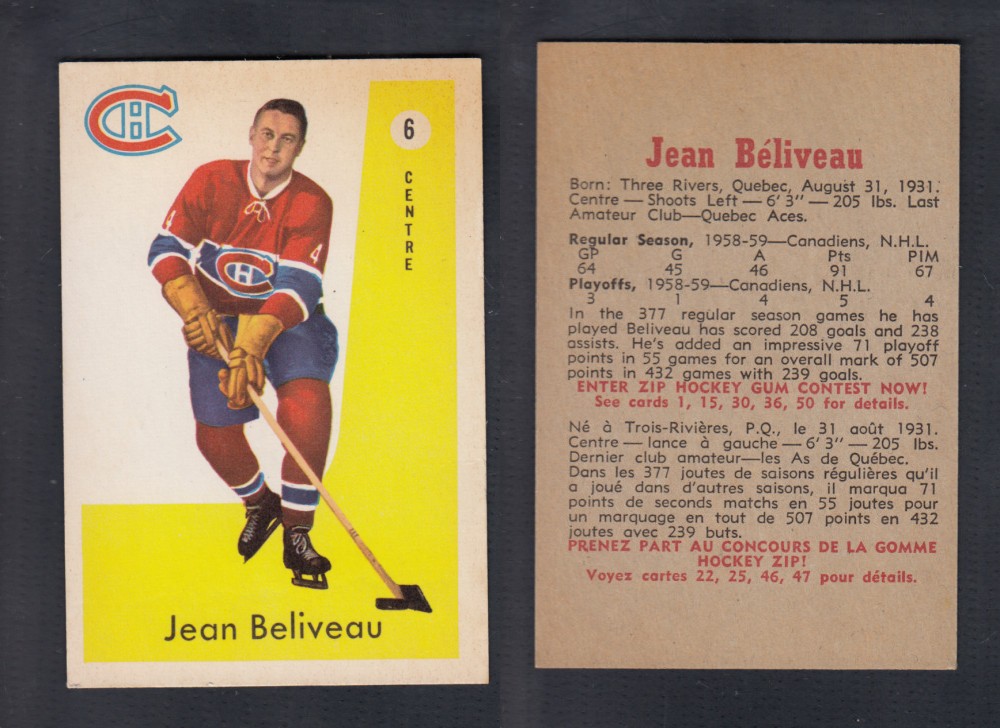 1959-60 PARKHURST HOCKEY CARD #6 J. BELIVEAU photo