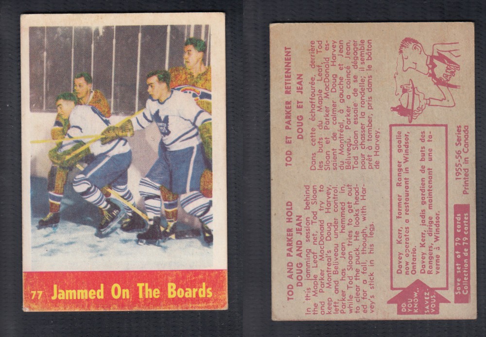 1955-56 PARKHURST HOCKEY CARD #77 JAMMED ON THE BOARDS photo