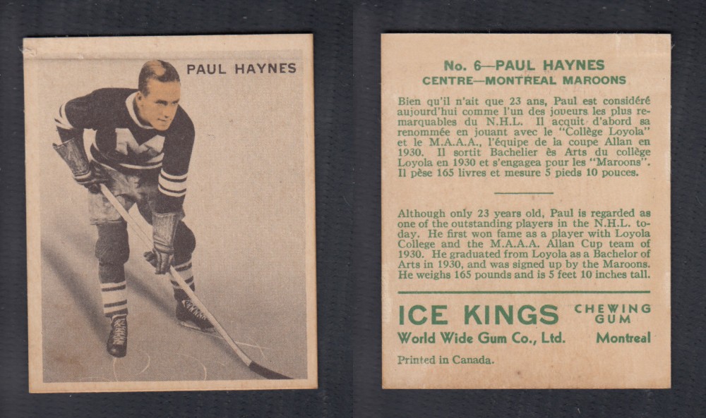 1933-34 ICE KINGS HOCKEY CARD #6 P. HAYNES photo