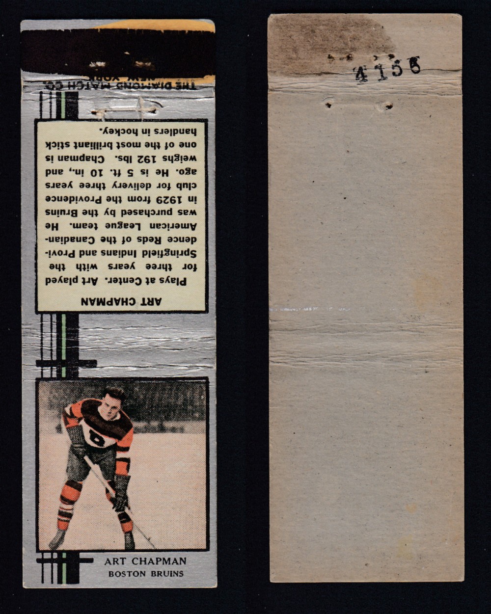 1933-34 DIAMOND MATCHBOOK HOCKEY CARD SILVER A. CHAPMAN photo