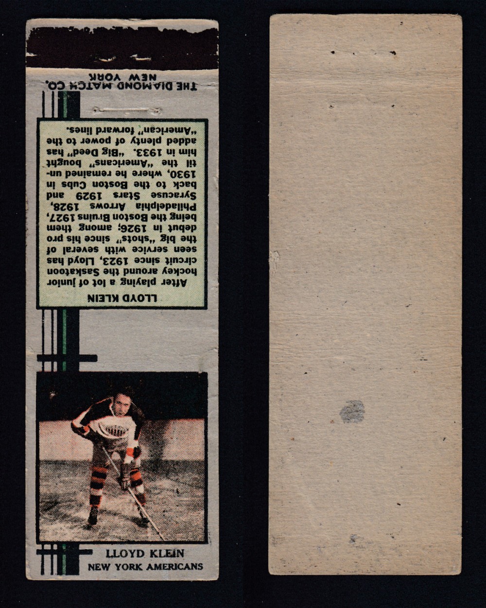 1933-34 DIAMOND MATCHBOOK HOCKEY CARD SILVER L. KLEIN photo