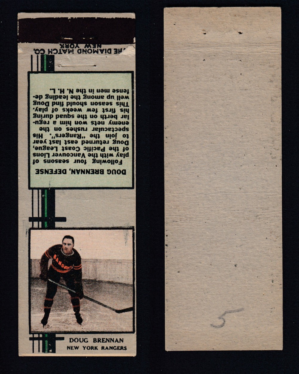 1933-34 DIAMOND MATCHBOOK HOCKEY CARD SILVER D. BRENNAN photo