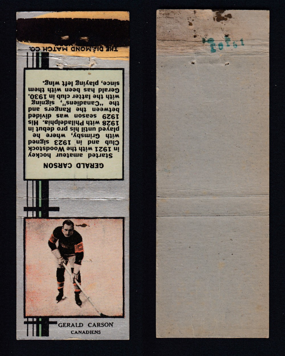 1933-34 DIAMOND MATCHBOOK HOCKEY CARD SILVER G. CARSON photo