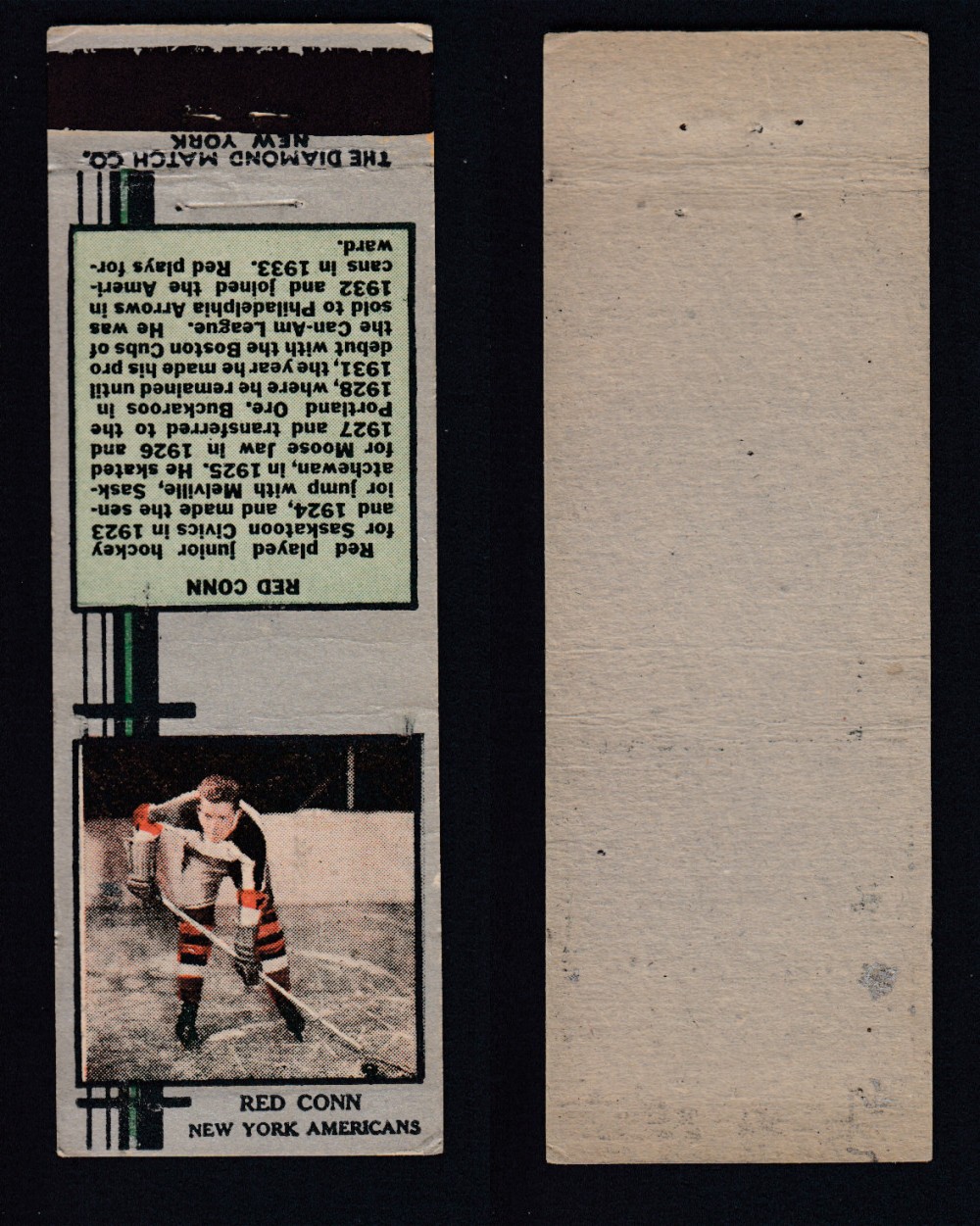 1933-34 DIAMOND MATCHBOOK HOCKEY CARD SILVER R. CONN photo