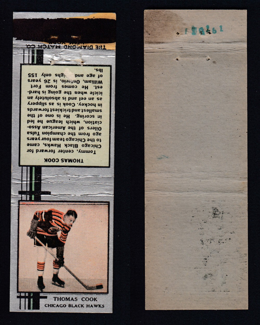 1933-34 DIAMOND MATCHBOOK HOCKEY CARD SILVER T. COOK photo