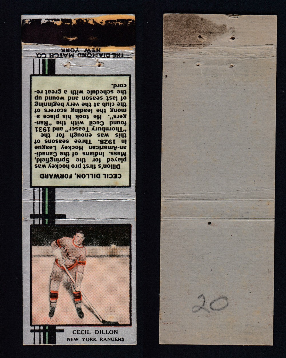 1933-34 DIAMOND MATCHBOOK HOCKEY CARD SILVER C. DILLON photo