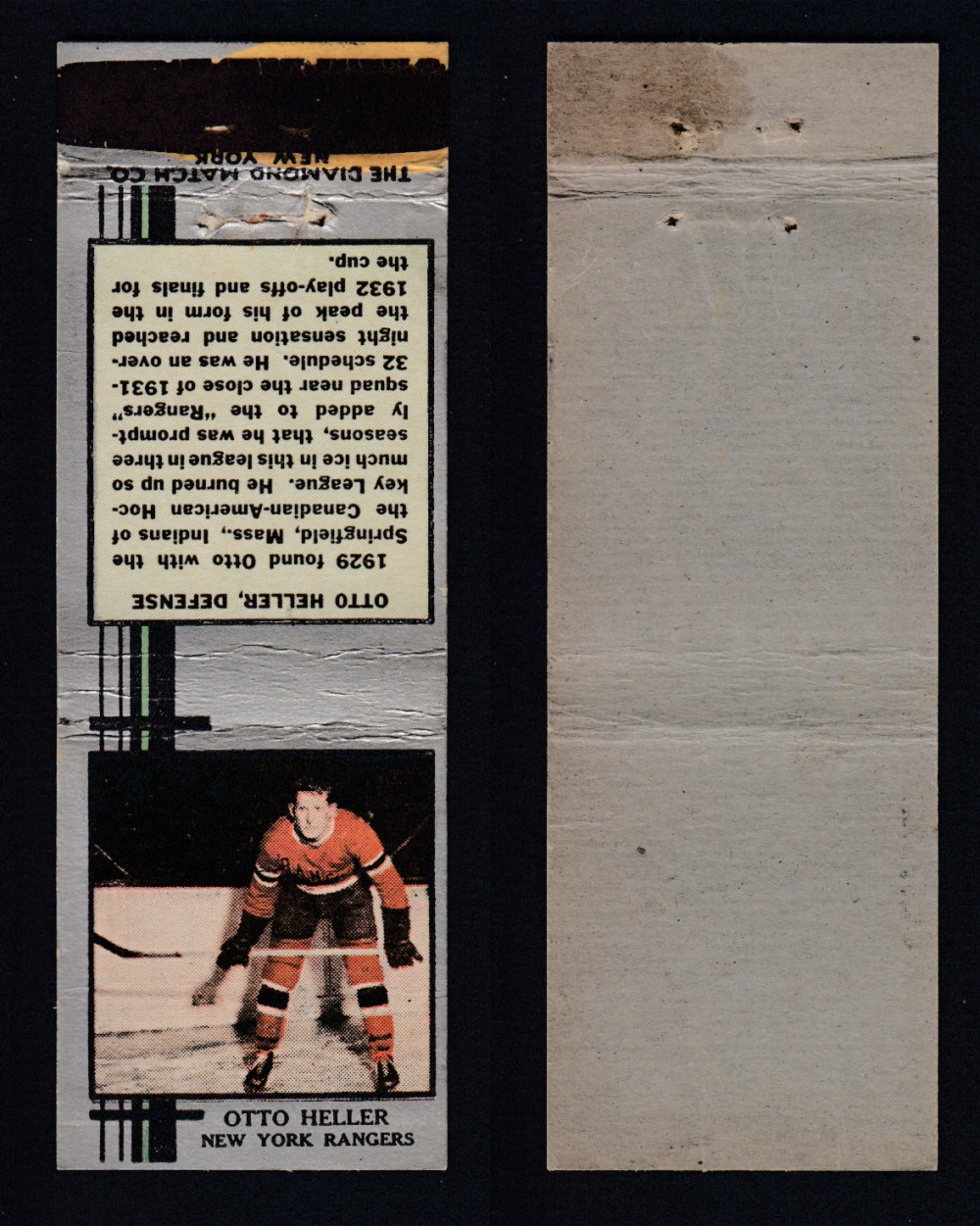 1933-34 DIAMOND MATCHBOOK HOCKEY CARD SILVER O. HELLER photo