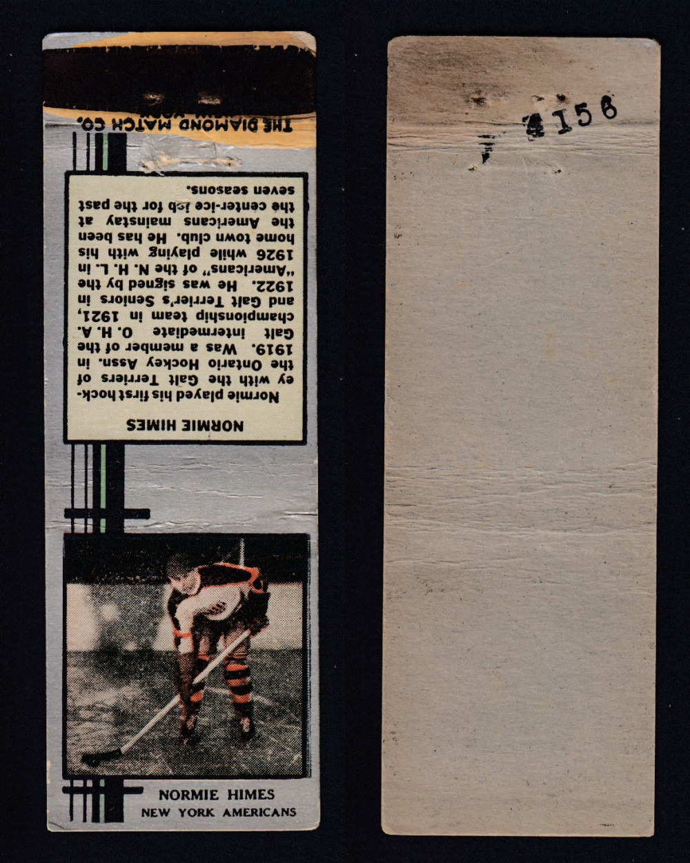 1933-34 DIAMOND MATCHBOOK HOCKEY CARD SILVER N. HIMES photo